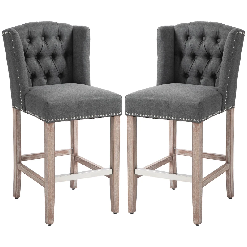 HOMCOM Counter Height Bar Stools Set of 2, Upholstered Bar Chairs with Nailhead Backrest and Footrest, Charcoal Grey