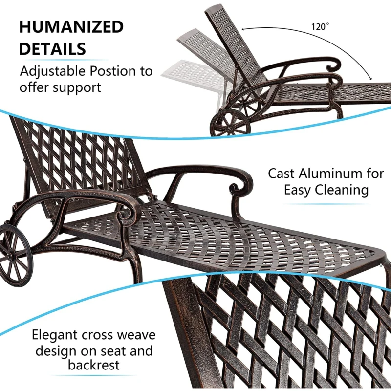 Reclining Aluminum Cast Lounge Chair with Bronze Finish, Adjustable Backrest, Wheels and Cross Weave Design, 48" L x 22.5" W x 36" H, Brown