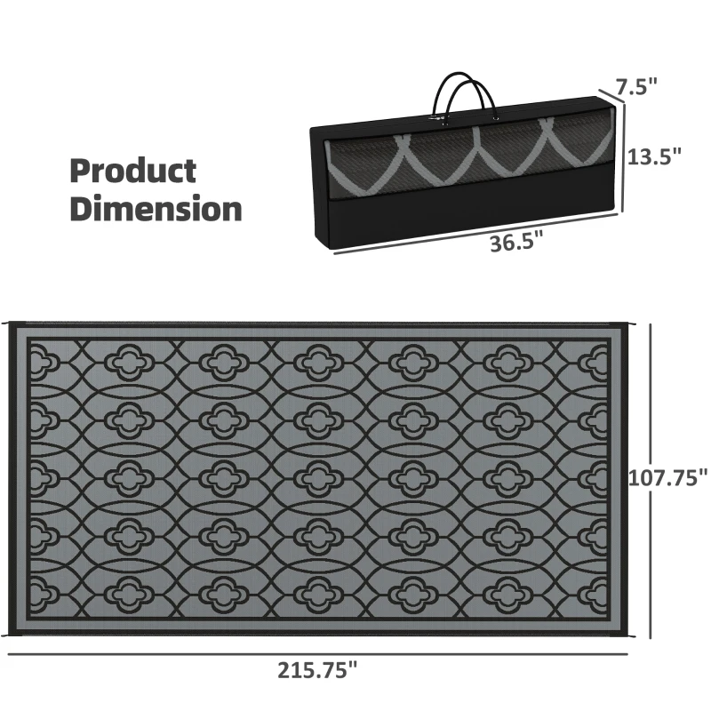 Outsunny Reversible Outdoor Rug, Waterproof Plastic Straw with Carry Bag, 9' x 18', Black & Gray Lantern