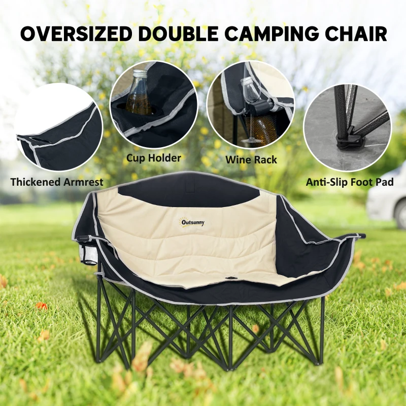 Outsunny Portable Camp Chair, Double Camping Chair with Cup Holders and Carry Bag, Support 551 lbs, Khaki