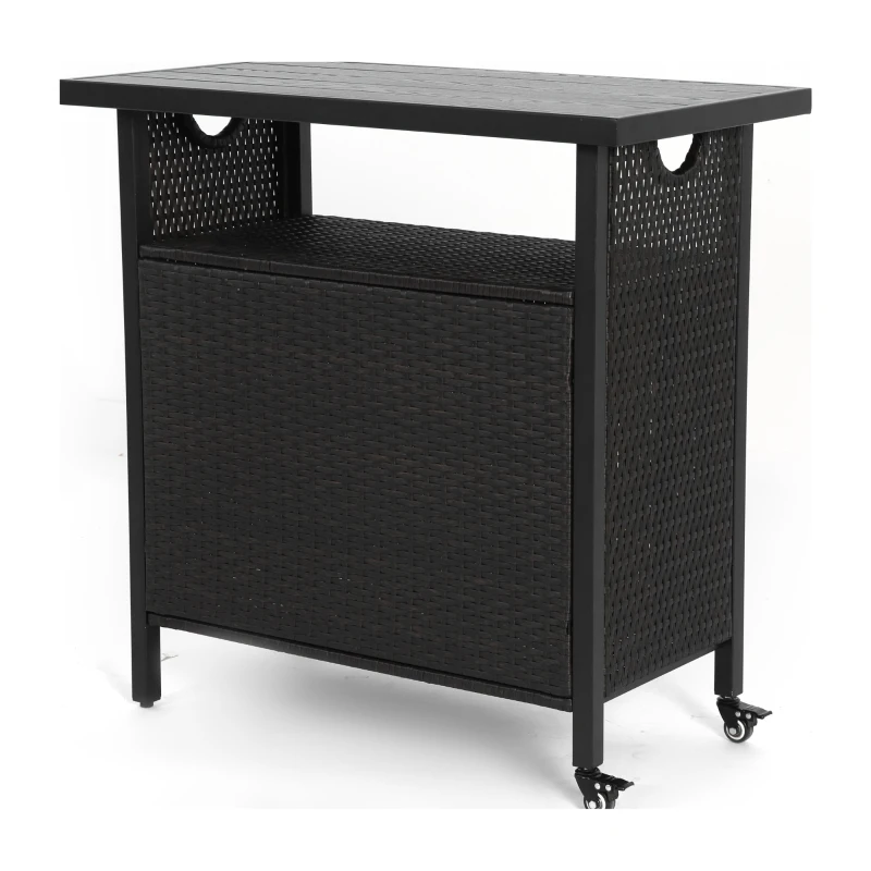 Outdoor Wicker Bar Cart with Plastic Wood Tabletop, 4 Wheels, Rolling Rattan Beverage Bar Counter Table, 35.5" L x 19.5" W x 35.5" H, Black