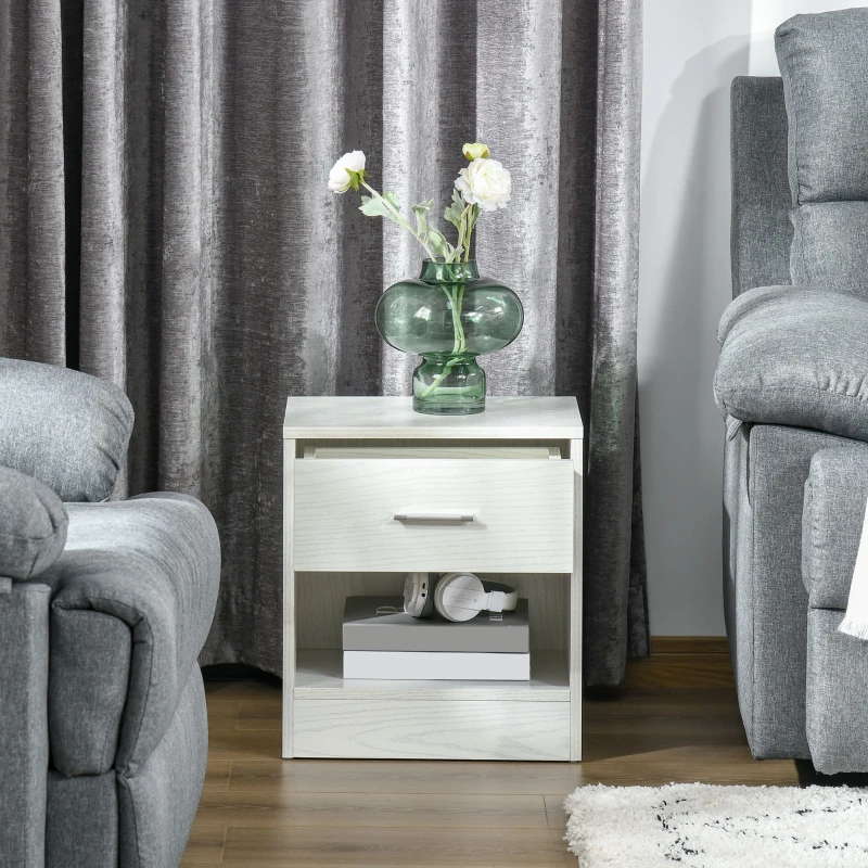 HOMCOM Modern Side Table with Drawer and Storage Shelf, End Table for Living Room, White Wood Grain