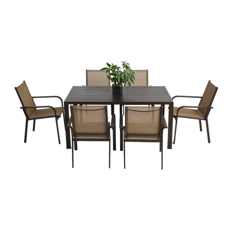 7-Piece Patio Dining Set with Rectangular Table, 6 Stackable Textilene Chairs, Weather-Resistant Steel Frame, Ideal for Family Meals, Parties, Brown