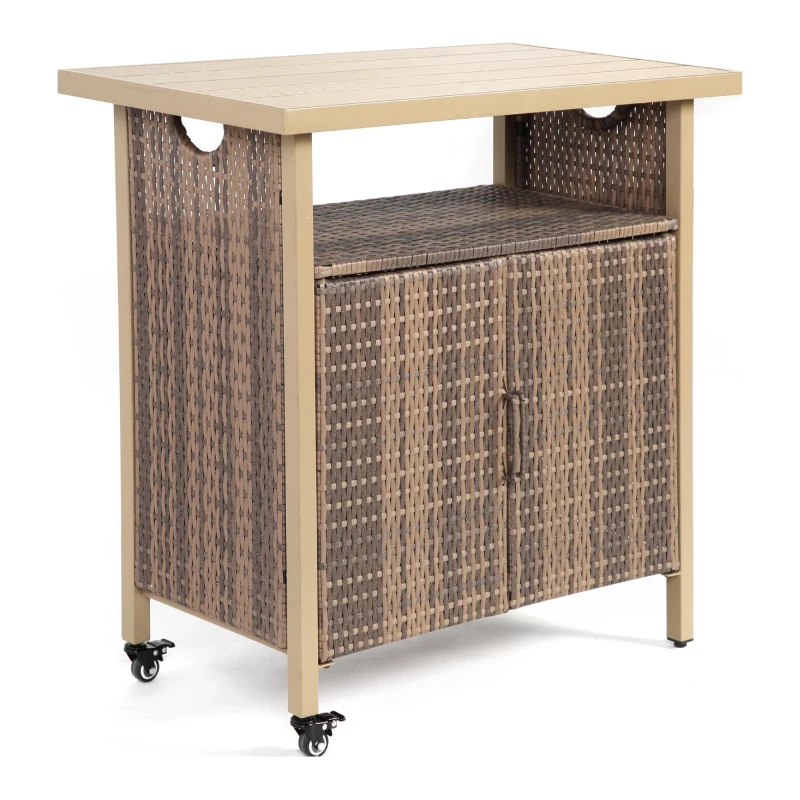 Outdoor Wicker Bar Cart with Plastic Wood Tabletop, 4 Wheels, Rolling Rattan Beverage Bar Counter Table, 35.5" L x 19.5" W x 35.5" H, Light Brown