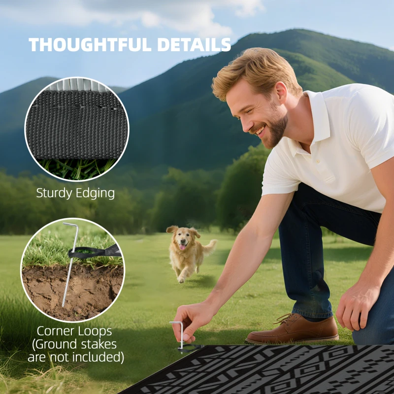 Outsunny Reversible Outdoor Rug, Waterproof Plastic Straw with Carry Bag, 9' x 18', Black & Gray Geometric Wall