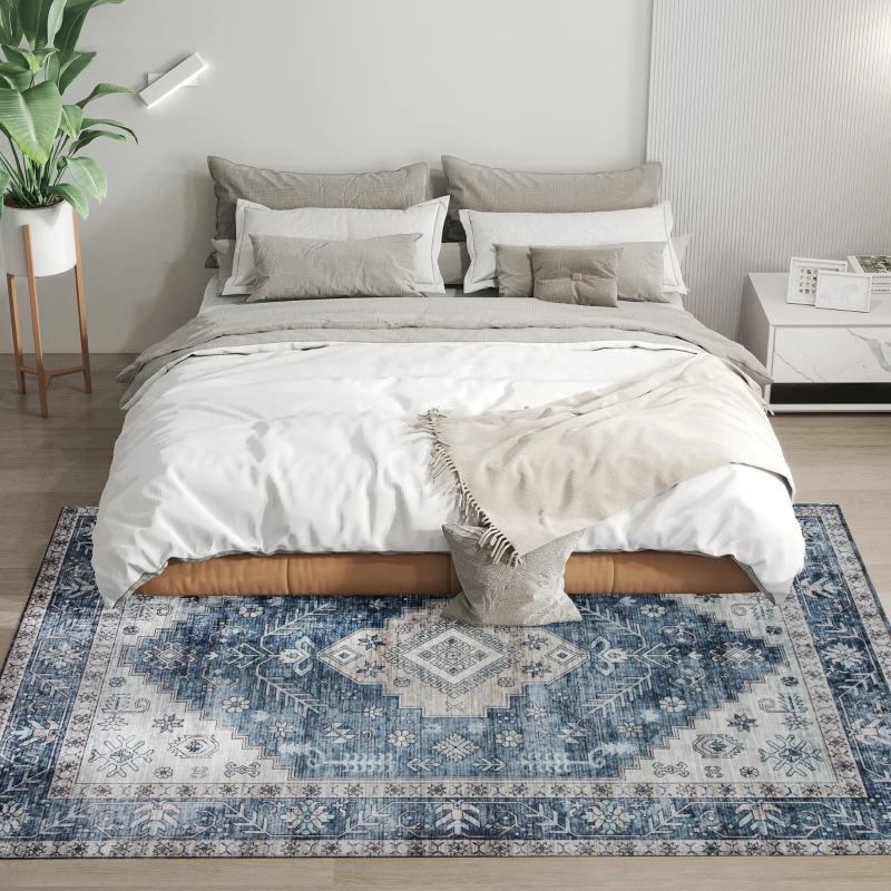 HOMCOM 5x7 Area Rug, Vintage Machine Washable Rug, Non-Slip Floor Carpet for Living Room, Bedroom, Dining Room, Blue