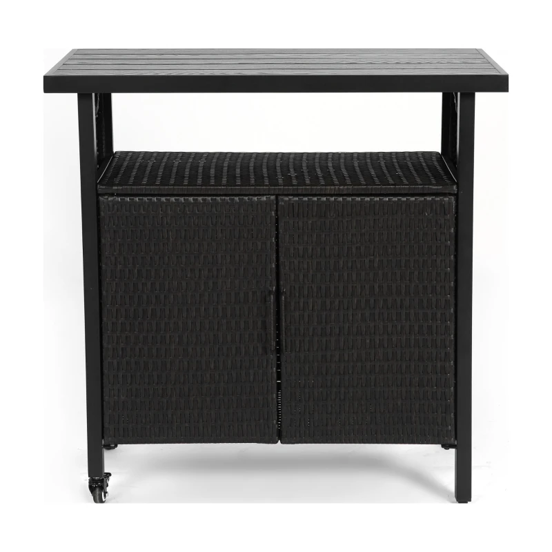 Outdoor Wicker Bar Cart with Plastic Wood Tabletop, 4 Wheels, Rolling Rattan Beverage Bar Counter Table, 35.5" L x 19.5" W x 35.5" H, Black