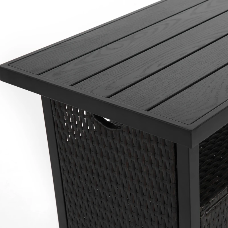 Outdoor Wicker Bar Cart with Plastic Wood Tabletop, 4 Wheels, Rolling Rattan Beverage Bar Counter Table, 35.5" L x 19.5" W x 35.5" H, Black