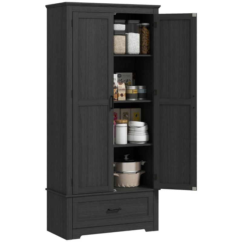HOMCOM 69" Tall Farmhouse Kitchen Pantry Cabinet with 2 Doors, Drawer and Adjustable Shelves, Black Wood Grain