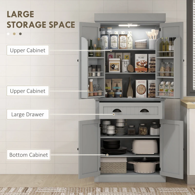 HOMCOM 71" Kitchen Pantry Cabinet with LED Lights, 6 Spice Racks, a Drawer and 4 Adjustable Shelves, Grey