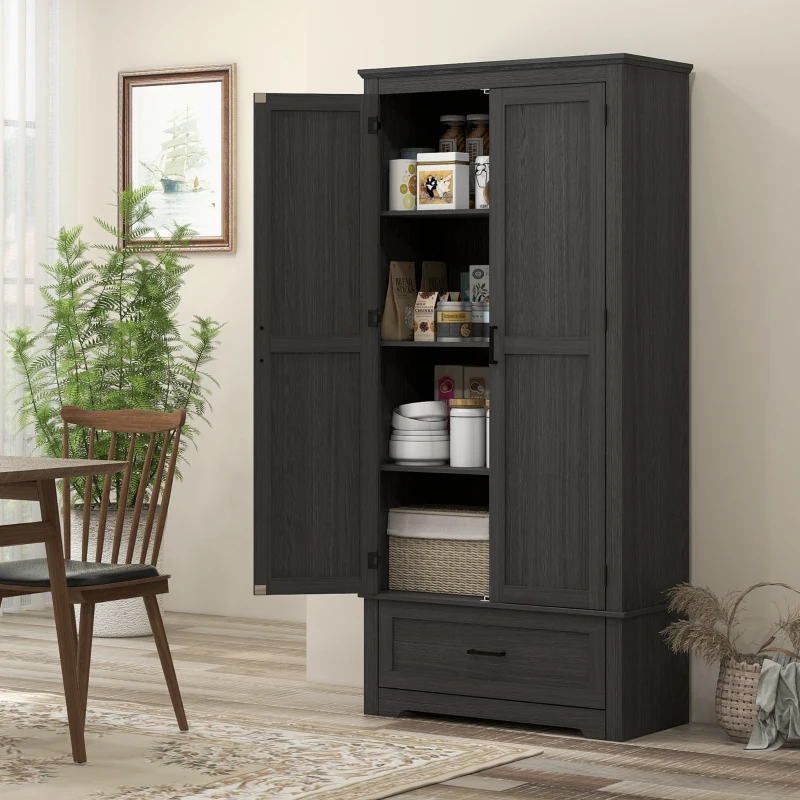 HOMCOM 69" Tall Farmhouse Kitchen Pantry Cabinet with 2 Doors, Drawer and Adjustable Shelves, Black Wood Grain
