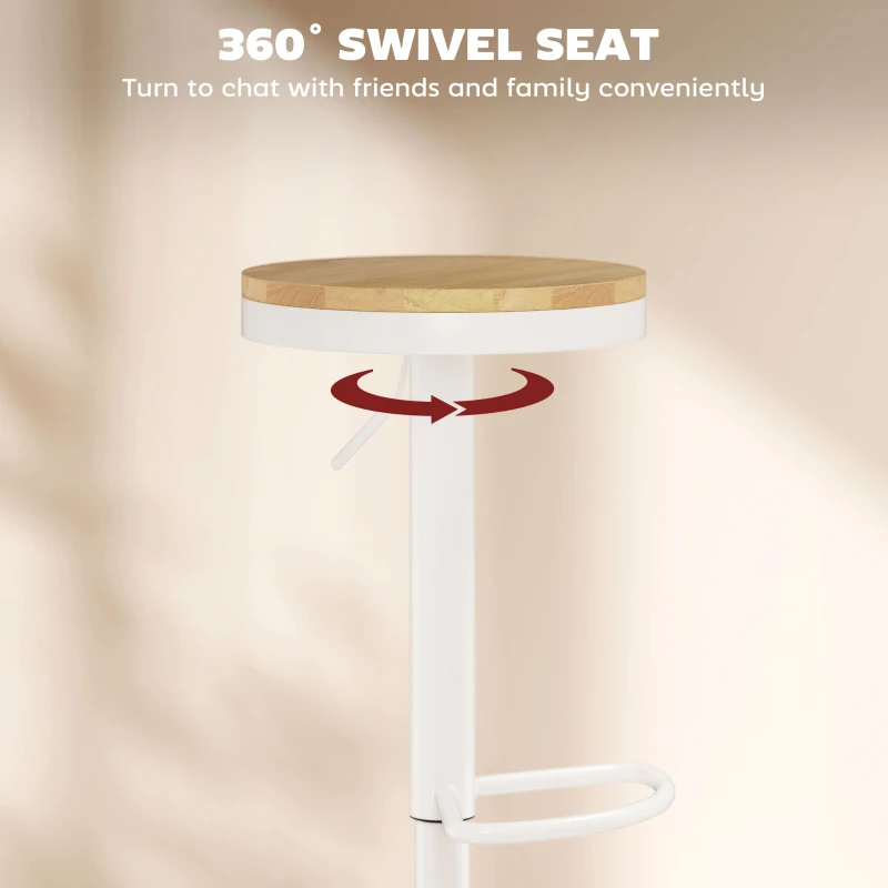 HOMCOM Wood Barstools Set of 2, Swivel Bar Stools with Adjustable Height for Kitchen Counter, Natural Wood and White