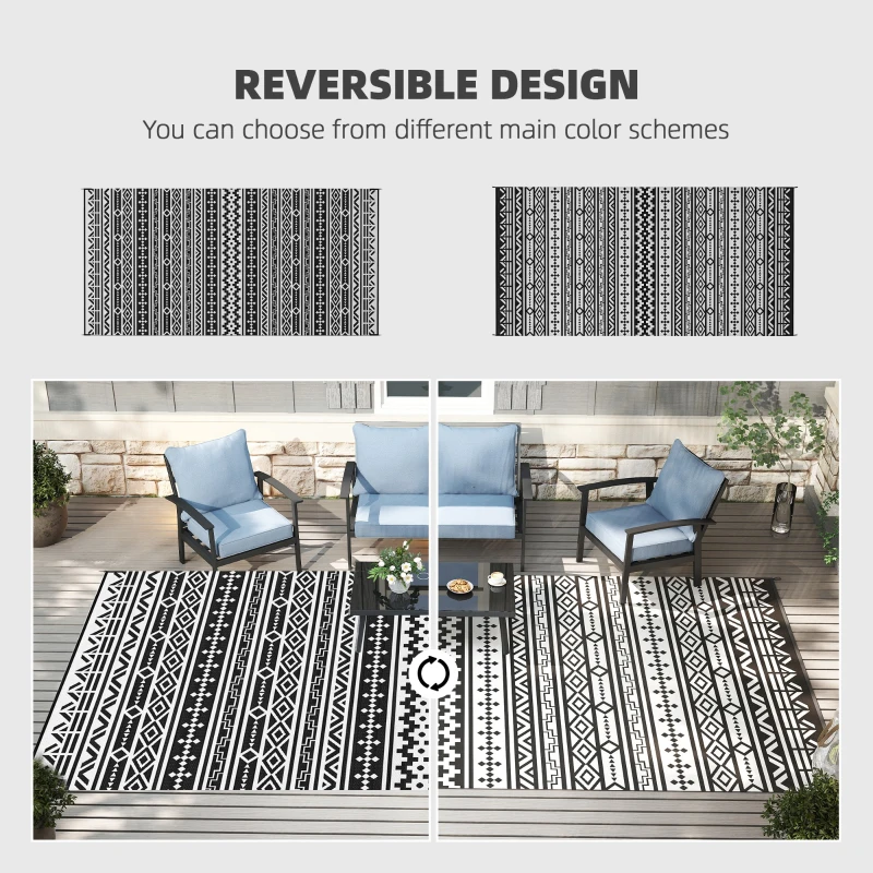 Outsunny Reversible Outdoor Rug, Waterproof Plastic Straw with Carry Bag, 9' x 18', Black & White Geometric Wall