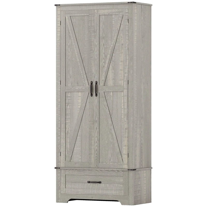 HOMCOM 72" Farmhouse Pantry Cabinet with Adjustable Shelves, Kitchen Pantry Cabinet with 2 Doors, Distressed Light Grey