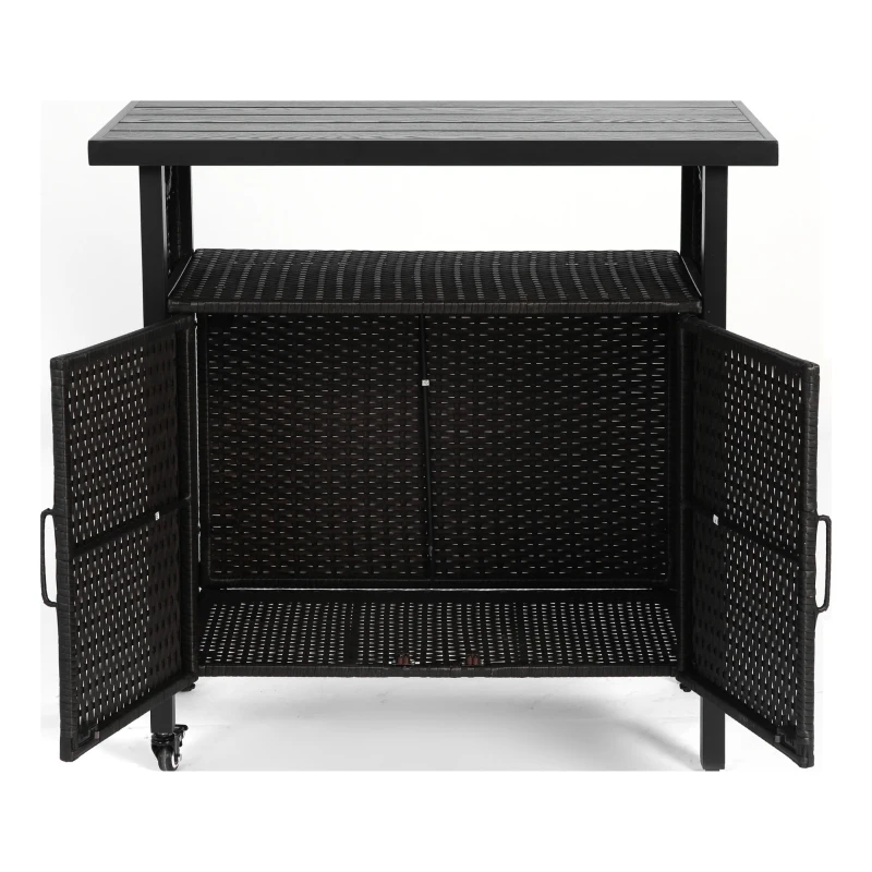 Outdoor Wicker Bar Cart with Plastic Wood Tabletop, 4 Wheels, Rolling Rattan Beverage Bar Counter Table, 35.5" L x 19.5" W x 35.5" H, Black