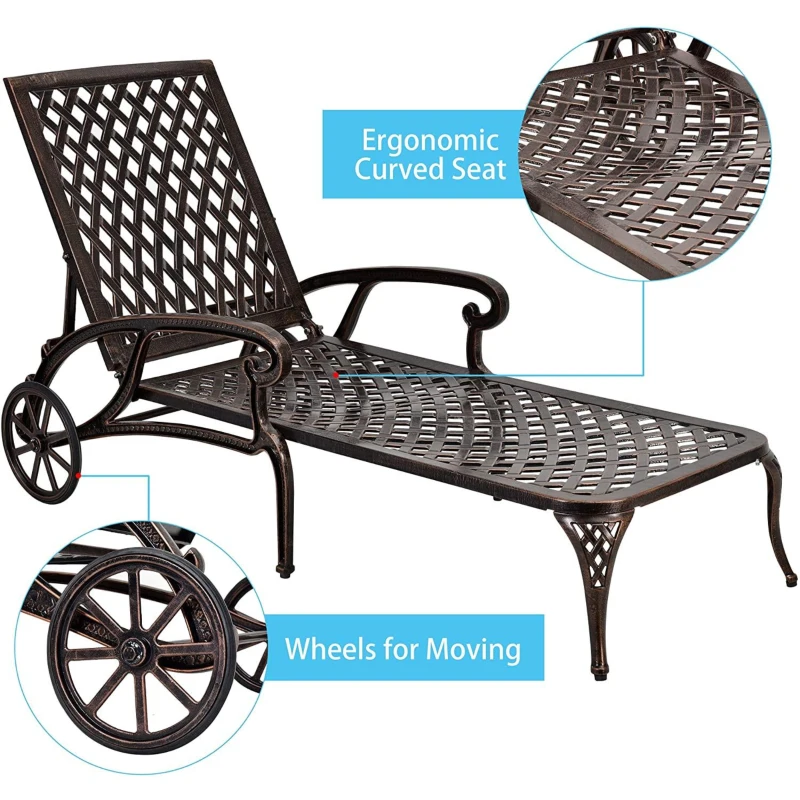Reclining Aluminum Cast Lounge Chair with Bronze Finish, Adjustable Backrest, Wheels and Cross Weave Design, 48" L x 22.5" W x 36" H, Brown