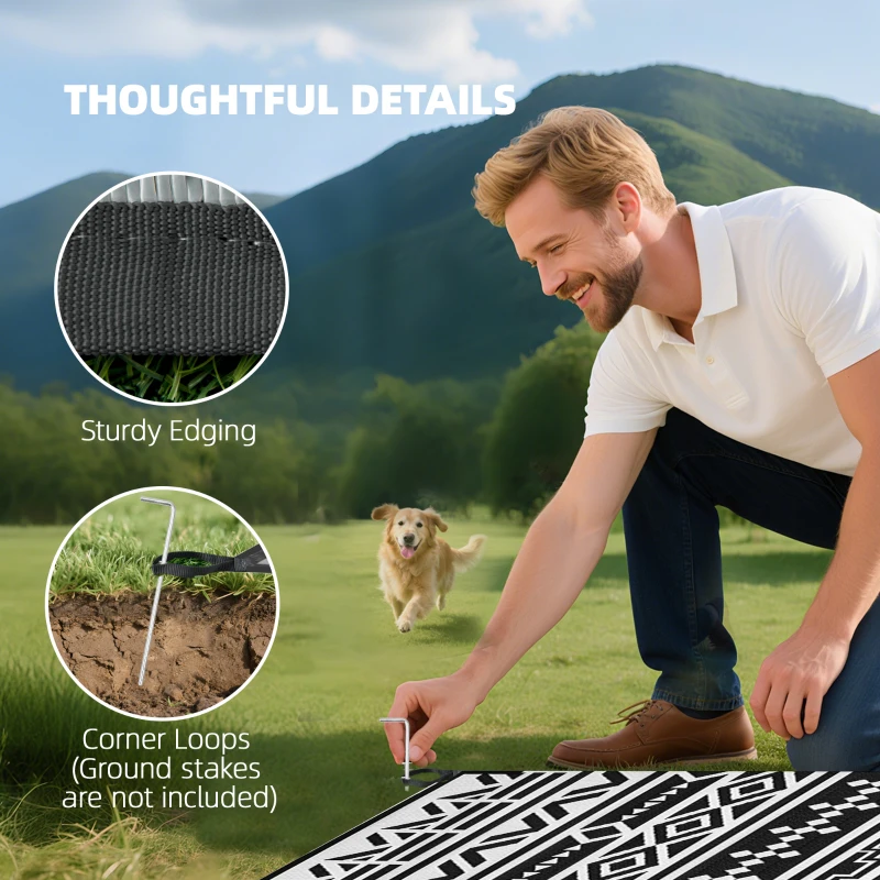 Outsunny Reversible Outdoor Rug, Waterproof Plastic Straw with Carry Bag, 9' x 18', Black & White Geometric Wall