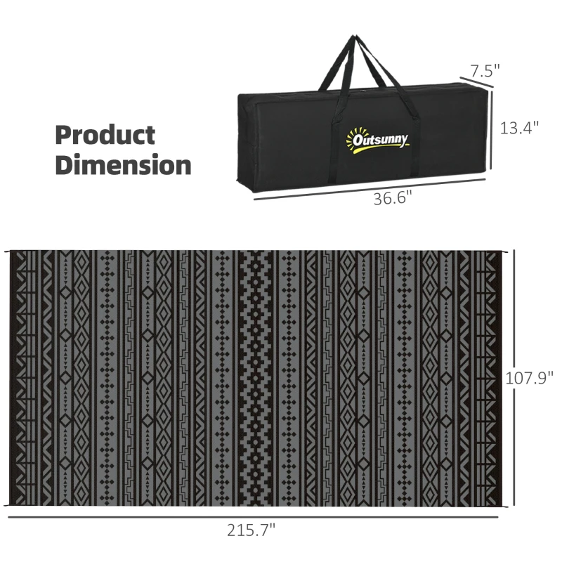 Outsunny Reversible Outdoor Rug, Waterproof Plastic Straw with Carry Bag, 9' x 18', Black & Gray Geometric Wall