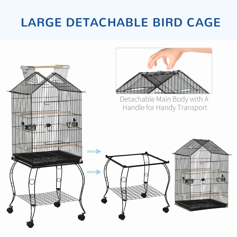 PawHut Bird Cage 57 Inch Flight Cage for Cockatiel, Conure with Rolling Stand, Pull Out Tray, Storage Shelf, Open Top