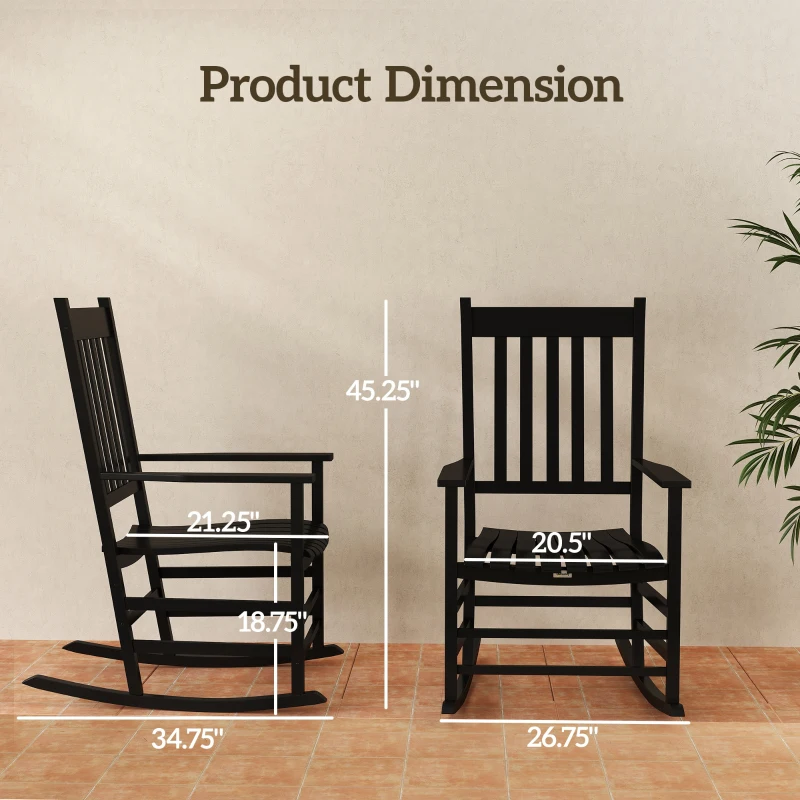 Outsunny Outdoor Rocking Chair, Patio Rocking Chair with Smooth Curves, High Density Wooden Rockers for Lawn Garden Porch, Supports Up to 350lbs, Black