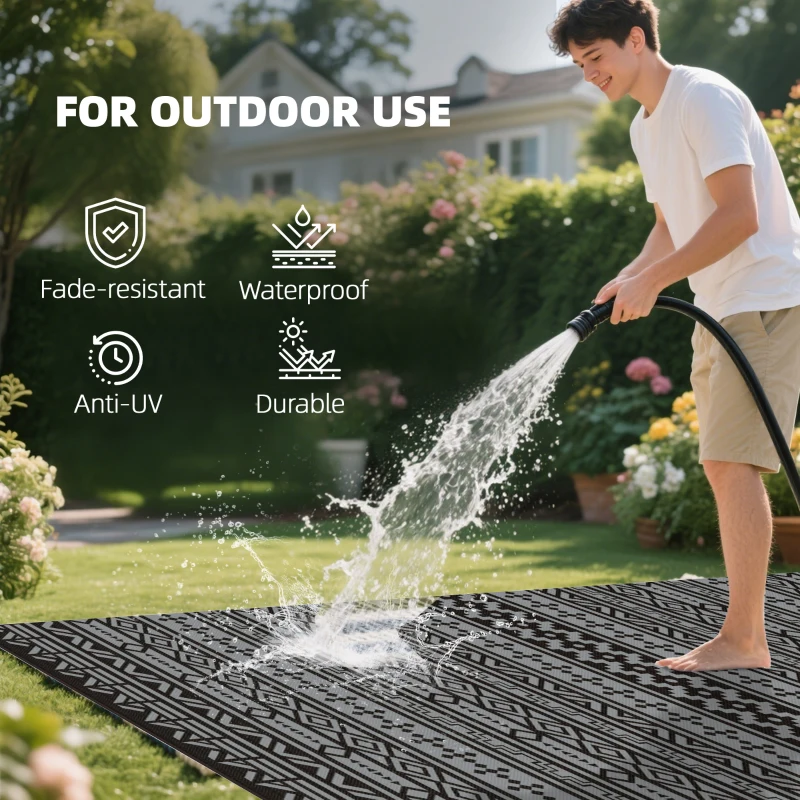 Outsunny Reversible Outdoor Rug, Waterproof Plastic Straw with Carry Bag, 9' x 18', Black & Gray Geometric Wall