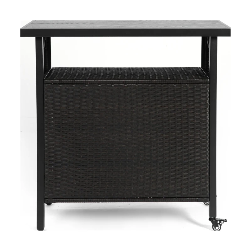 Outdoor Wicker Bar Cart with Plastic Wood Tabletop, 4 Wheels, Rolling Rattan Beverage Bar Counter Table, 35.5" L x 19.5" W x 35.5" H, Black