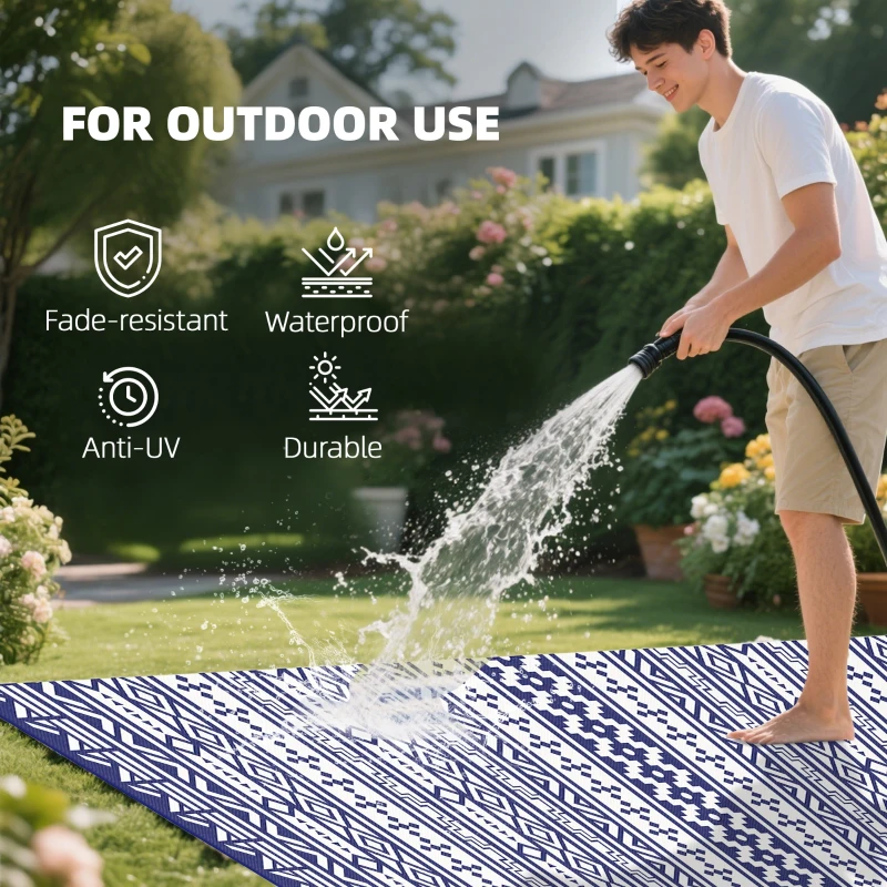 Outsunny Reversible Outdoor Rug, Waterproof Plastic Straw with Carry Bag, 9' x 18', Blue & White Geometric Wall