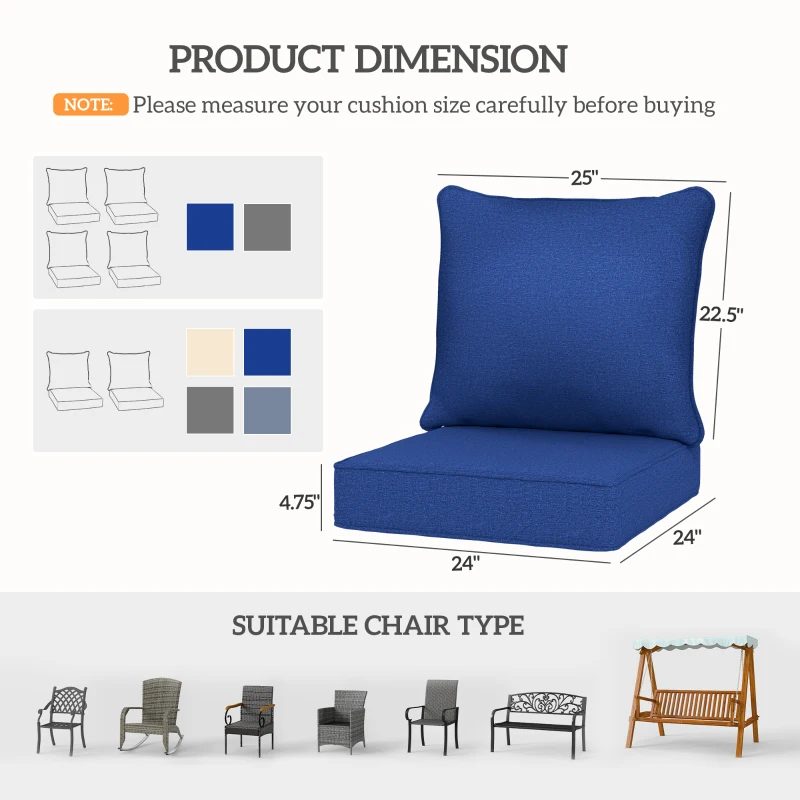 Outsunny 8 Patio Chair Cushions with Seat & Backrest, Fade Resistant Seat Replacement Cushion Set, Navy Blue
