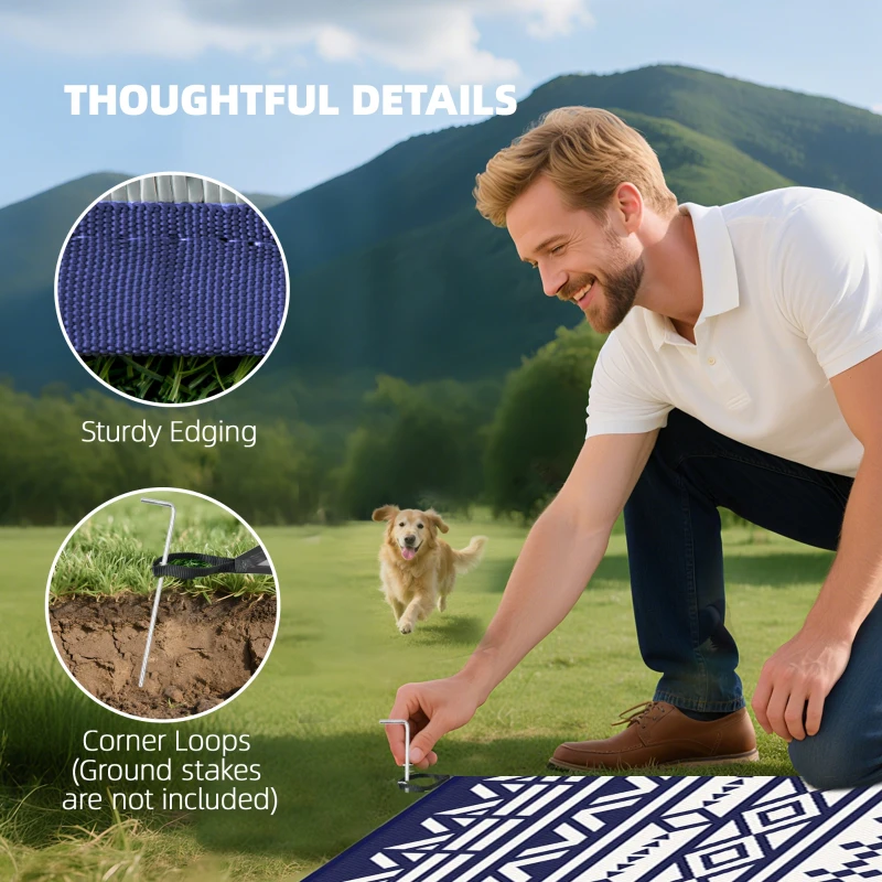 Outsunny Reversible Outdoor Rug, Waterproof Plastic Straw with Carry Bag, 9' x 18', Blue & White Geometric Wall