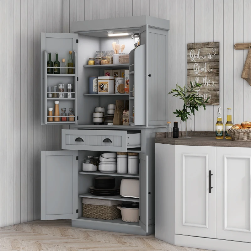 HOMCOM 71" Kitchen Pantry Cabinet with LED Lights, 6 Spice Racks, a Drawer and 4 Adjustable Shelves, Grey