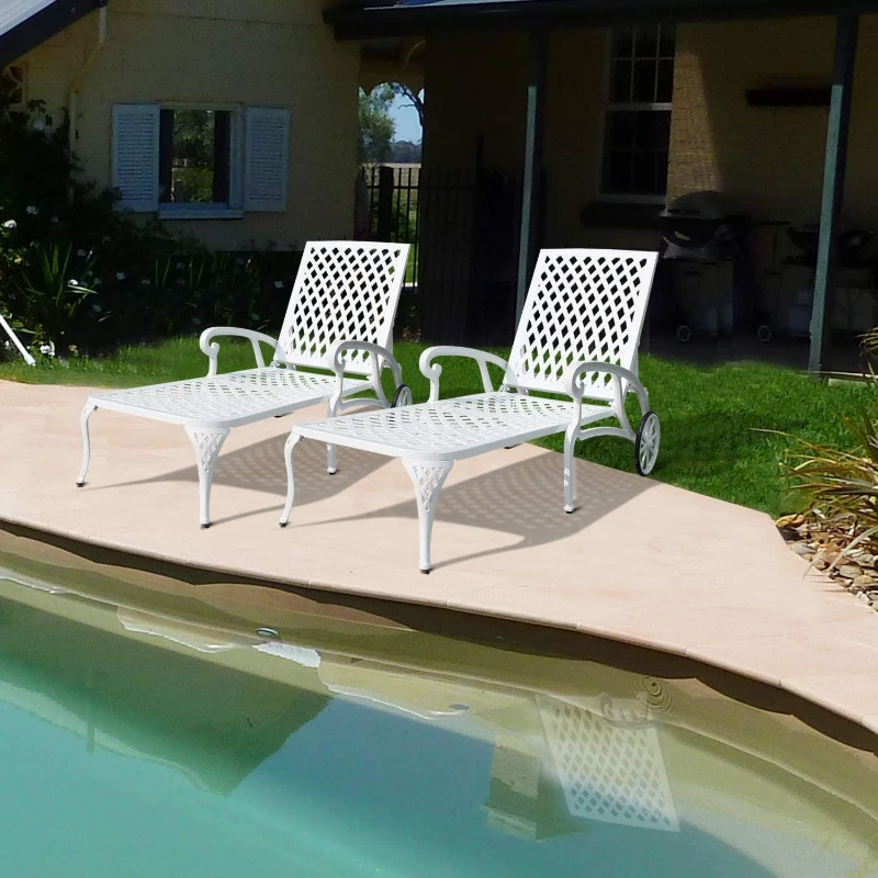 Adjustable Reclining Aluminum Cast Lounge Chair with Rolling Wheels, Bronze Finish, Cross Weave Design, 48" L x 22.5" W x 36" H, White
