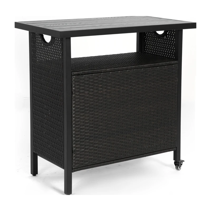 Outdoor Wicker Bar Cart with Plastic Wood Tabletop, 4 Wheels, Rolling Rattan Beverage Bar Counter Table, 35.5" L x 19.5" W x 35.5" H, Black