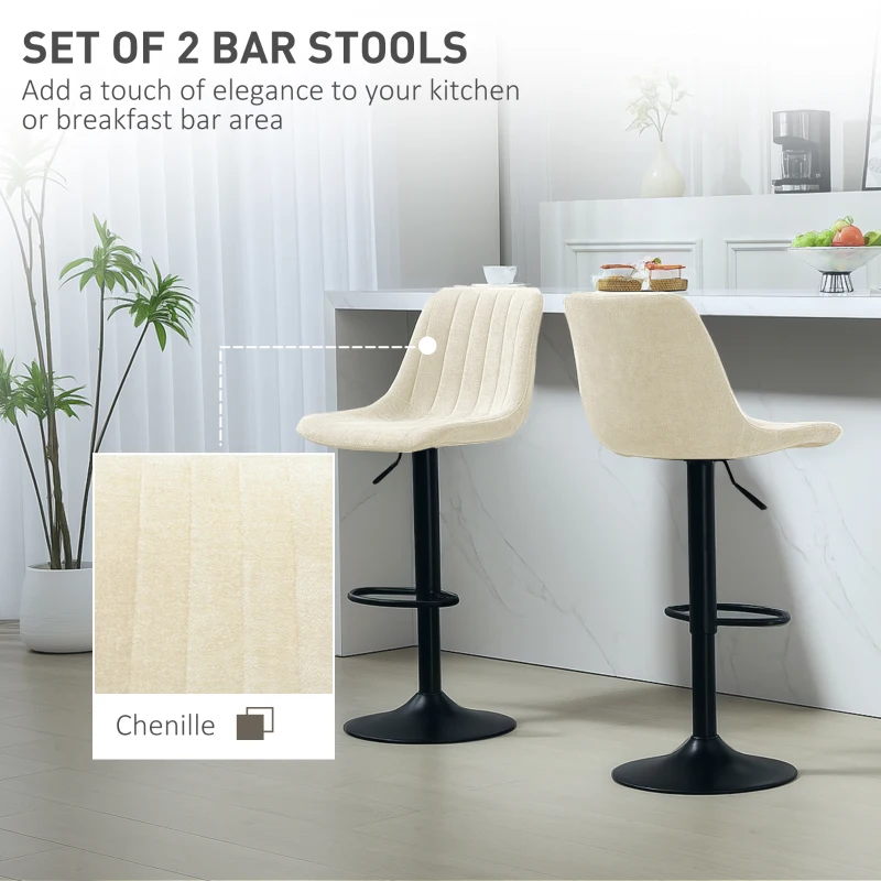 HOMCOM Adjustable Barstools Set of 2, Swivel Bar Stools with Back and Footrest for Kitchen Island Counter, Beige