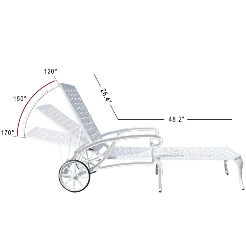 Adjustable Reclining Aluminum Cast Lounge Chair with Rolling Wheels, Bronze Finish, Cross Weave Design, 48" L x 22.5" W x 36" H, White