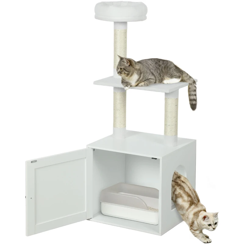 PawHut Cat Tree with Litter Box Enclosure, Scratching Posts, Bed, Climbing Platforms for Indoor Cats, White