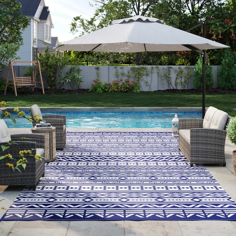 Outsunny Reversible Outdoor Rug, Waterproof Plastic Straw with Carry Bag, 9' x 18', Blue & White Geometric Wall