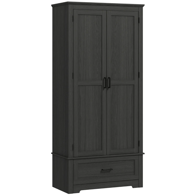 HOMCOM 69" Tall Farmhouse Kitchen Pantry Cabinet with 2 Doors, Drawer and Adjustable Shelves, Black Wood Grain