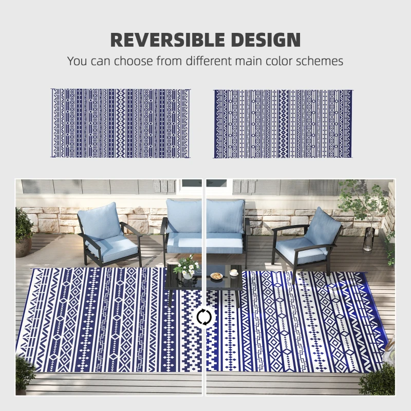 Outsunny Reversible Outdoor Rug, Waterproof Plastic Straw with Carry Bag, 9' x 18', Blue & White Geometric Wall