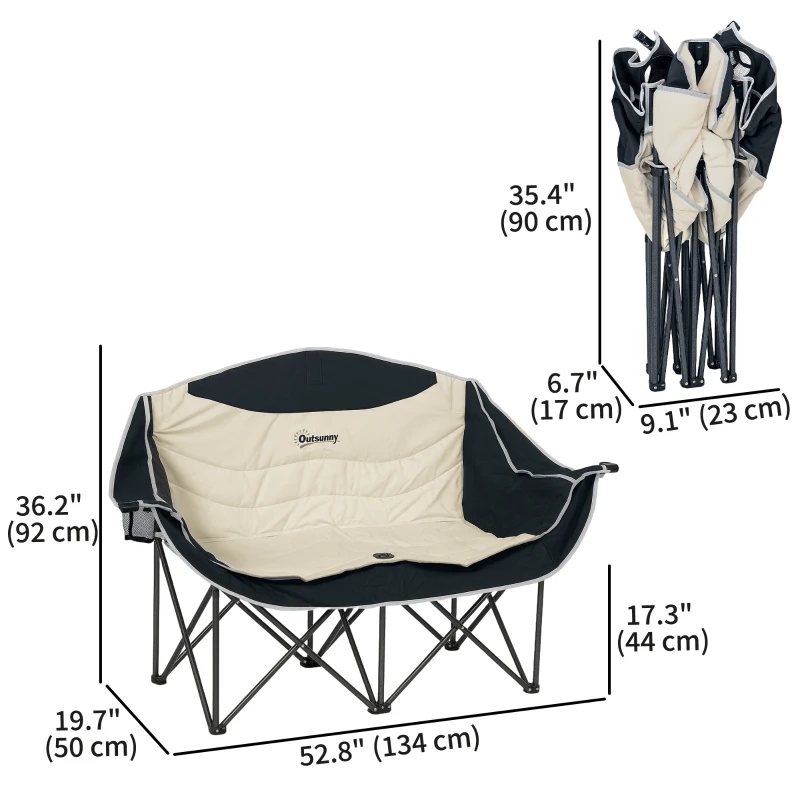 Outsunny Portable Camp Chair, Double Camping Chair with Cup Holders and Carry Bag, Support 551 lbs, Khaki