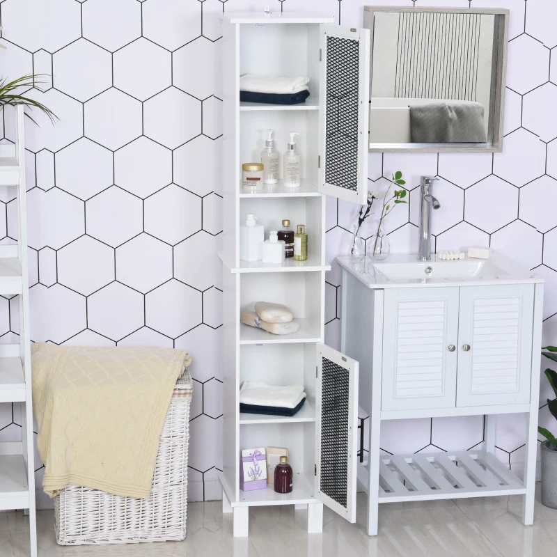 HOMCOM 69.5"H Tall Bathroom Cabinet, Free Standing Tower Cabinet with 2 Doors, Shelves Space Saving Vertical Slim Home Storage Furniture, White