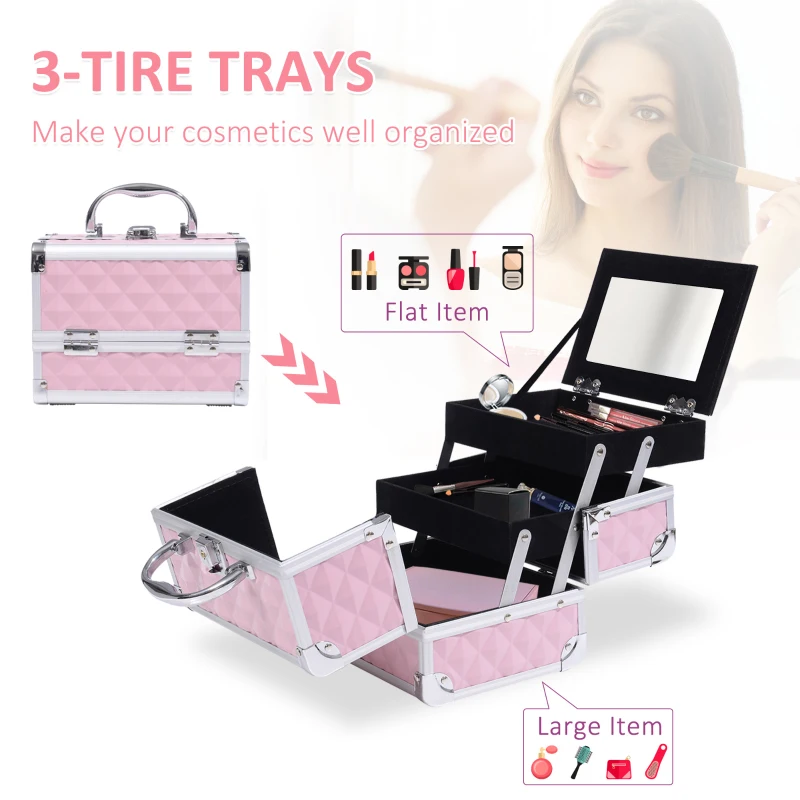 HOMCOM 3 Tier Diamond Texture Makeup Case Train Case Cosmetic Organizer with Mirror, Pink