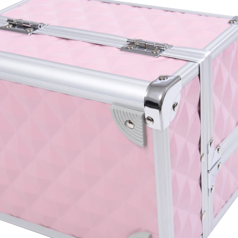 HOMCOM 3 Tier Diamond Texture Makeup Case Train Case Cosmetic Organizer with Mirror, Pink