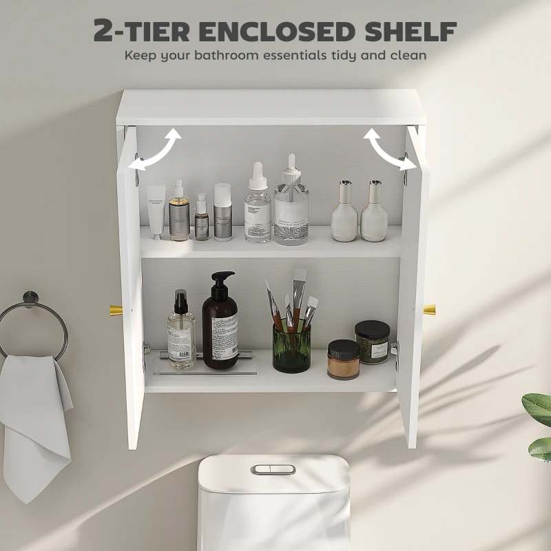 HOMCOM Medicine Cabinet, Modern Bathroom Wall Cabinet with 2 Arched Doors and Gold Handles, White Wood Grain