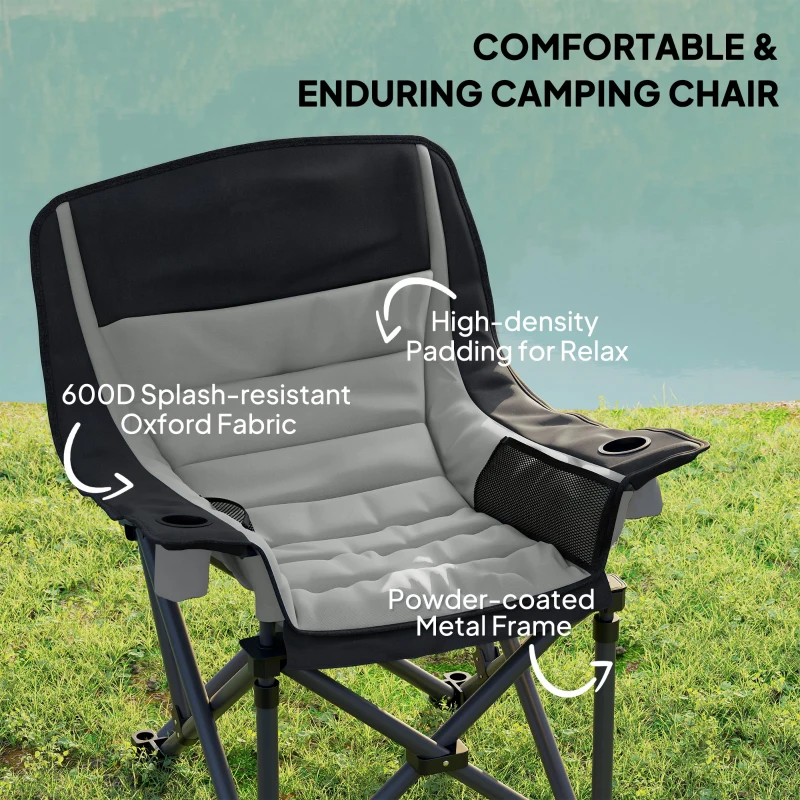Outsunny Camping Chair for Adults, Portable Folding Camping Chair with Side Pockets, Cup Holders, Carry Bag, Black and Gray