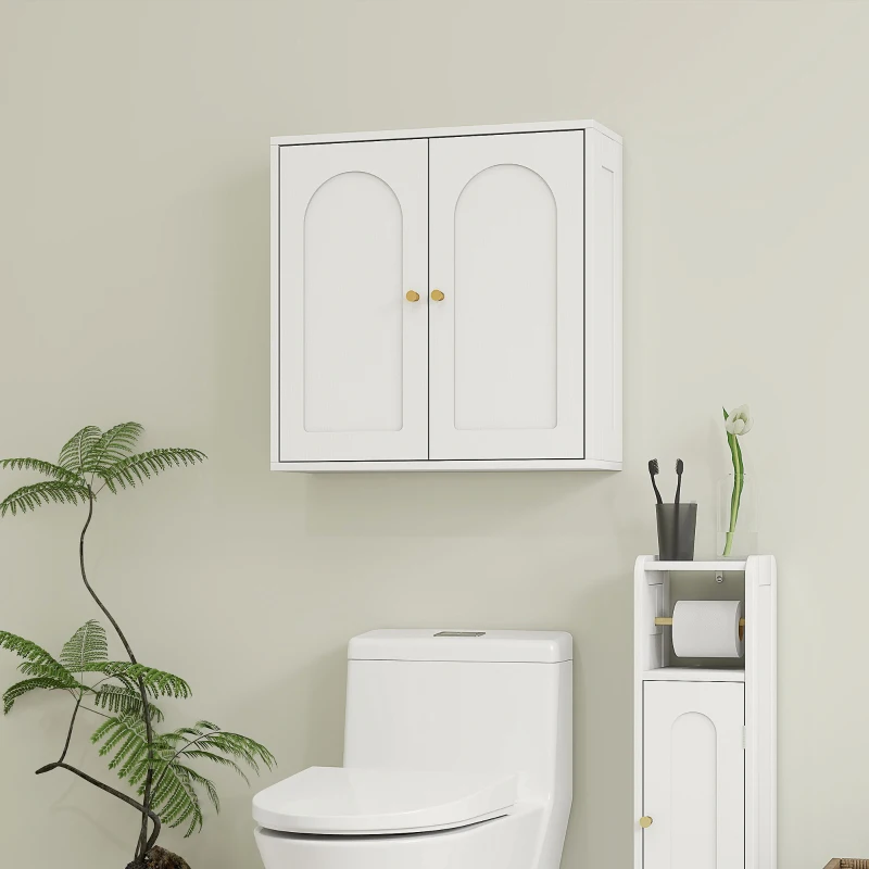 HOMCOM Medicine Cabinet, Modern Bathroom Wall Cabinet with 2 Arched Doors and Gold Handles, White Wood Grain