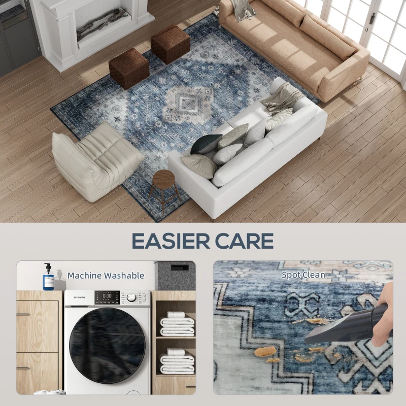 HOMCOM 6x9 Area Rug, Vintage Machine Washable Rug, Non-Slip Floor Carpet for Living Room, Bedroom, Dining Room, Blue