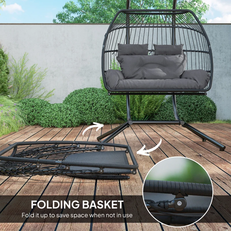 Outsunny Double Wicker Egg Swing Chair with Stand, Foldable Hanging Egg Chair with UV Resistant Cushion, Headrest, Dark Grey