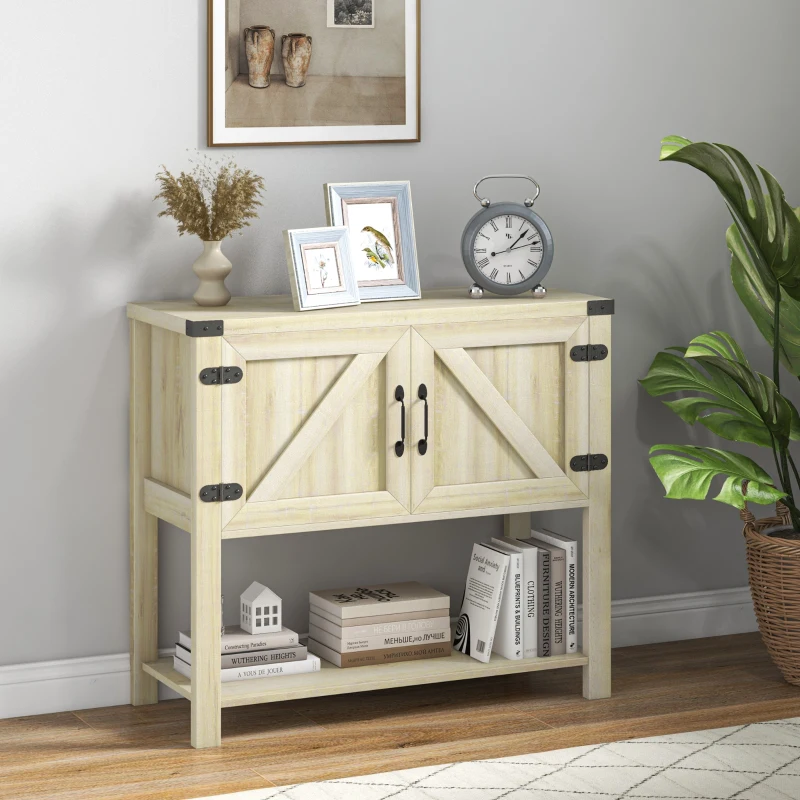 HOMCOM Farmhouse Kitchen Storage Cabinet, Free Standing Sideboard Console Table with Barn Doors, Bottom Shelf, Oak