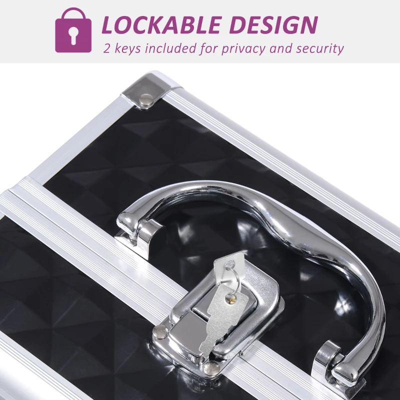 HOMCOM 3 Tier Diamond Texture Makeup Case Train Case Cosmetic Organizer with Mirror, Black