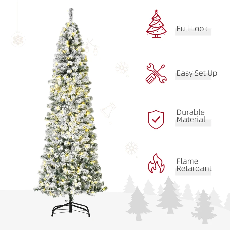 HOMCOM 7.5ft Christmas Tree Artificial Snow Flocked Christmas Tree with Warm White LED Light, Holiday Home Xmas Decoration, Green White